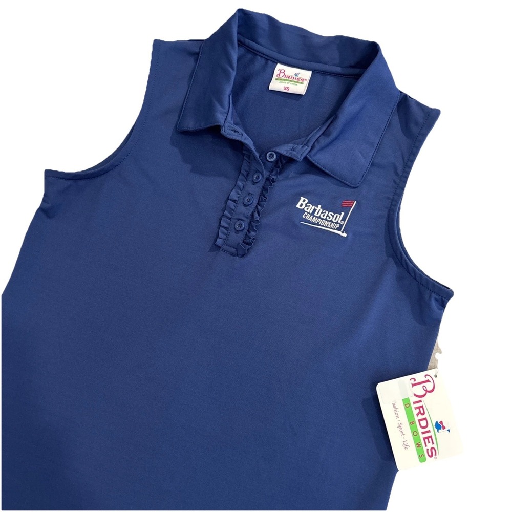 NWT Birdies & Bows XS Blue BARBASOL CHAMPIONSHIP "High Golf" Polo Ruffled Womens